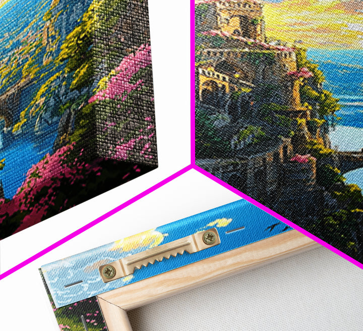 Cliffside Castle Garden Over Blue Valley Wall Art, Fantasy Landscape Print, Colorful Home Decor, Large Living Room Art, Gift