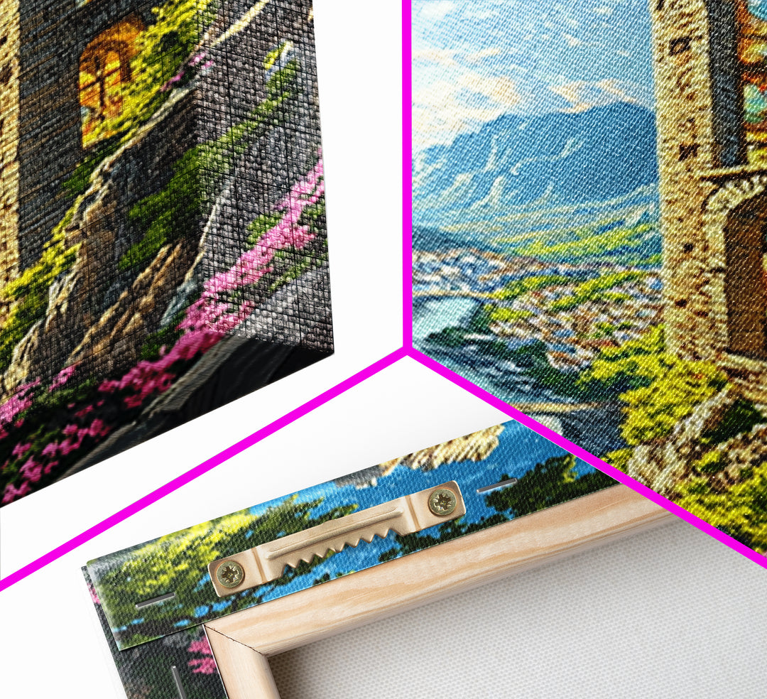 Sunlit Cliffside Stone Tower Above Alpine River Valley Wall Art, Fantasy Landscape Print, Gothic Ruins Decor Gift For Living Room