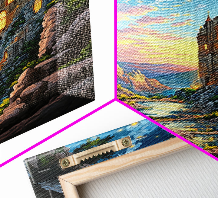 Twilight Cave Ruins With Glowing Windows And Starry Sky Framed Canvas Print, Fantasy Mountain Wall Decor For Cozy Home Gift