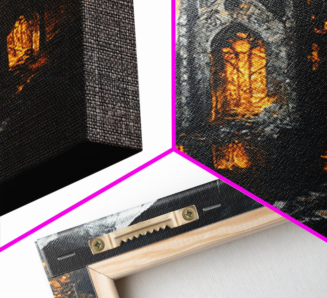 Dark Gothic Cathedral In Snowy Mountains With Amber Windows Canvas Print, Moody Fantasy Wall Art, Dark Academia Decor For Office