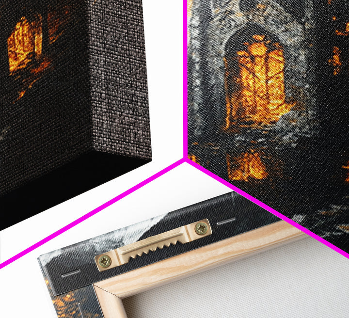 Dark Gothic Cathedral In Snowy Mountains With Amber Windows Canvas Print, Moody Fantasy Wall Art, Dark Academia Decor For Office