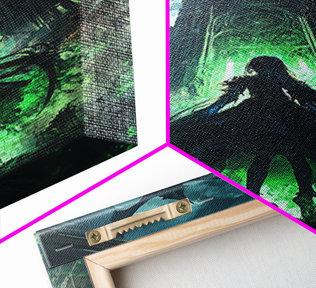 Dark Dragon Cathedral With Green Portal And Girl Silhouette Framed Canvas Print, Gothic Fantasy Wall Art, Moody Decor Gift