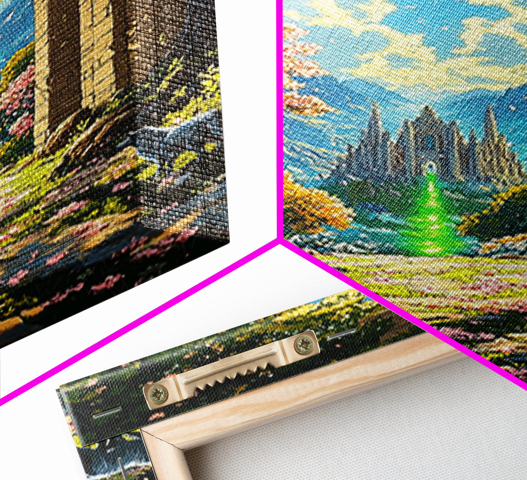 Enchanted Garden Archway To Distant Cathedral With Green Magic Wall Art, Fantasy Landscape Print, Whimsical Decor For Living Room