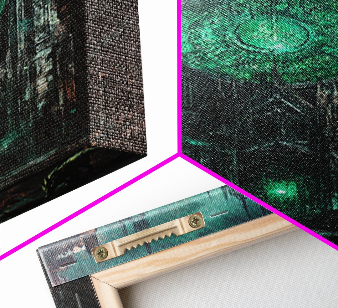 Emerald Rose Window On Dark Gothic Cathedral With Wolves Wall Art, Moody Fantasy Print, Dark Academia Office Decor For Living Room