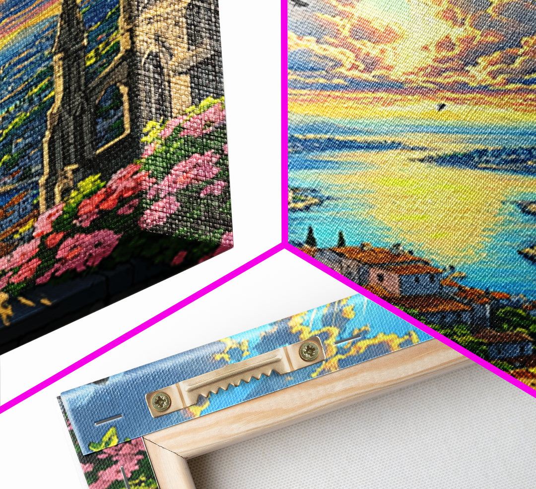 Sunset Harbor City From Cathedral Balcony With Pink Flowers Framed Canvas Print, Coastal Fantasy Wall Art, Home Decor For Living Room