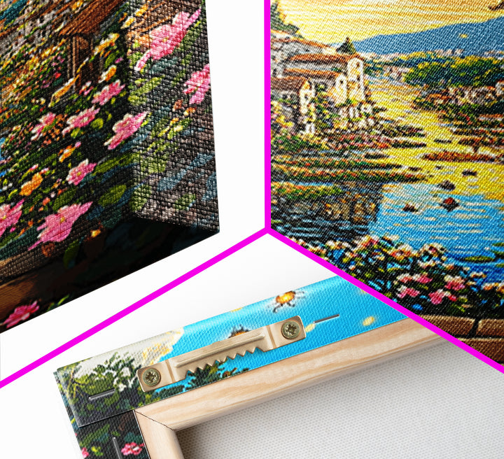 Sunlit Fantasy Village Canal With Flowers Canvas Print, Mediterranean Castle Wall Art For Living Room Decor Housewarming Gift