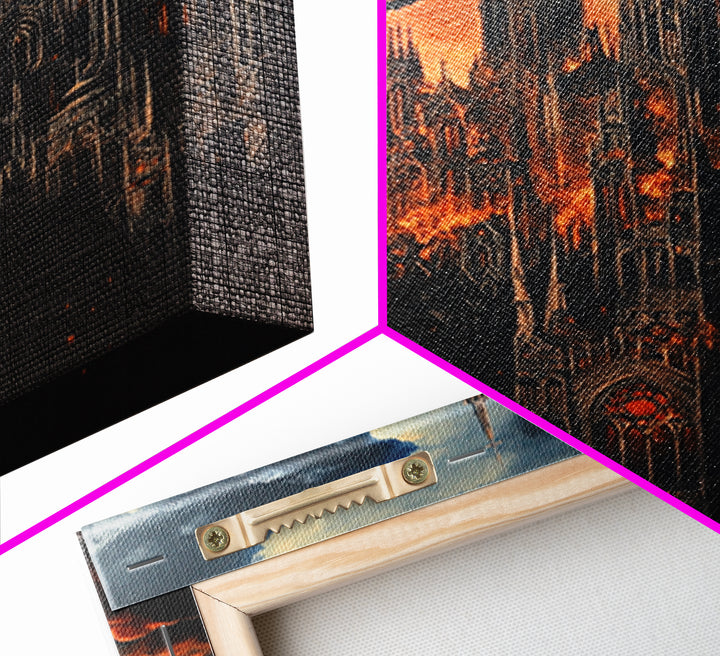 Burning Gothic Cathedral With Dragons Framed Canvas Print, Dark Fantasy Wall Art For Moody Gothic Office Decor Gift For Him