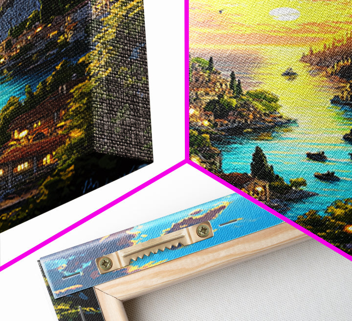 Glowing River Valley Castle Village Canvas Print, Fantasy Landscape Wall Art For Cozy Living Room Decor Housewarming Gift