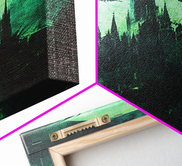 Green Moon Dragon Castle Framed Canvas Print, Gothic Dark Fantasy Wall Art For Moody Bedroom Decor Halloween Gift For Him