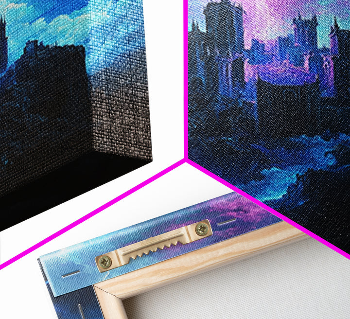 Stormy Gothic Castle With Purple Lightning Canvas Print, Dark Fantasy Wall Art For Moody Bedroom And Office Decor Gift For Him