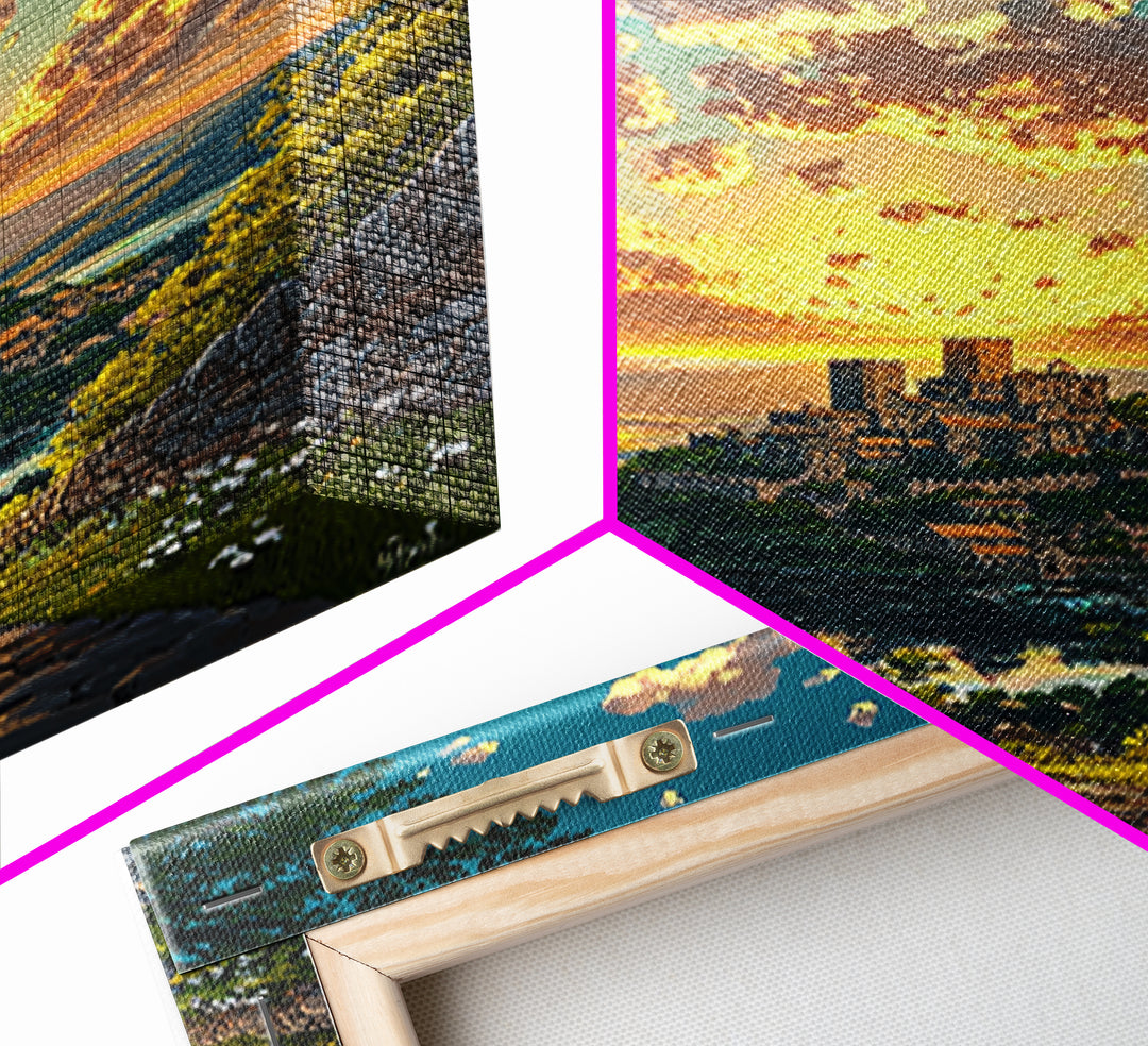 Sunrise Hilltop Castle Village Stone Path Canvas Print, Fantasy Landscape Wall Art For Living Room Decor Housewarming Gift