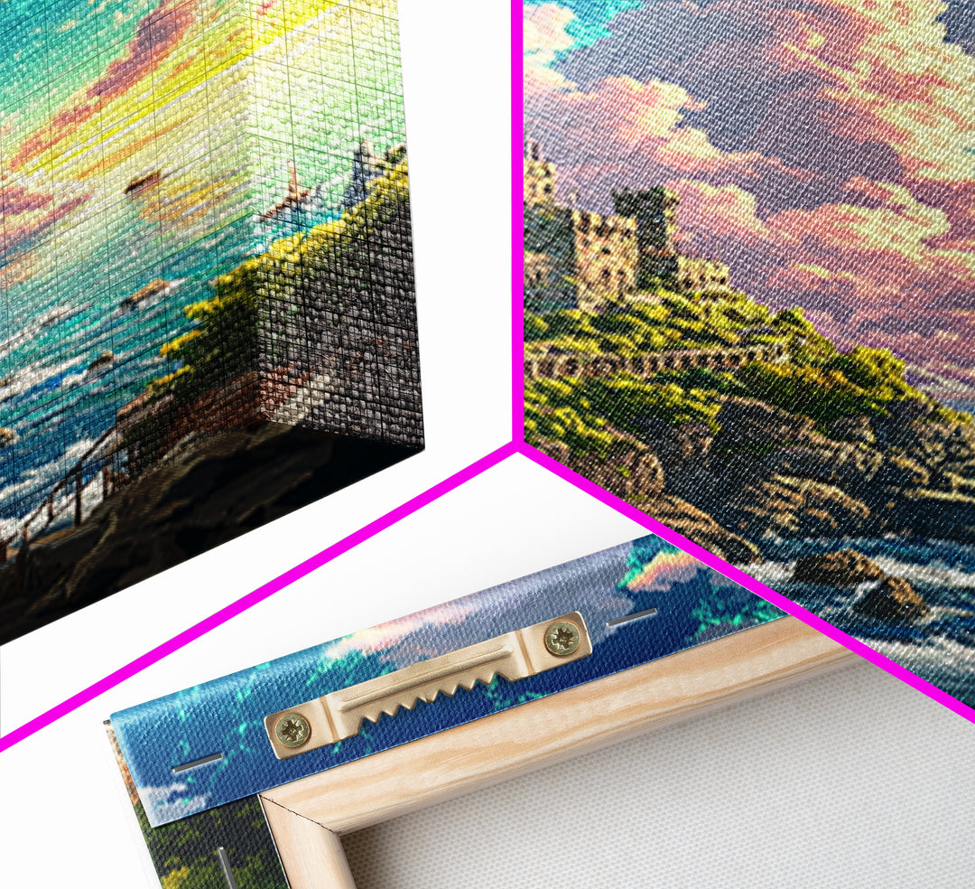 Sunlit Coastal Castle By Turquoise Sea Wall Art, Fantasy Landscape Print, Ocean Cliff Decor, Large Canvas Home Decor, Gift