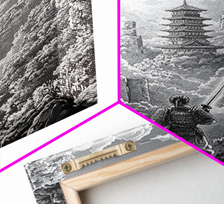 Black And White Samurai Temple Wall Art, Japanese Pagoda Fantasy Print, Monochrome Landscape, Framed Canvas Print, Home Decor