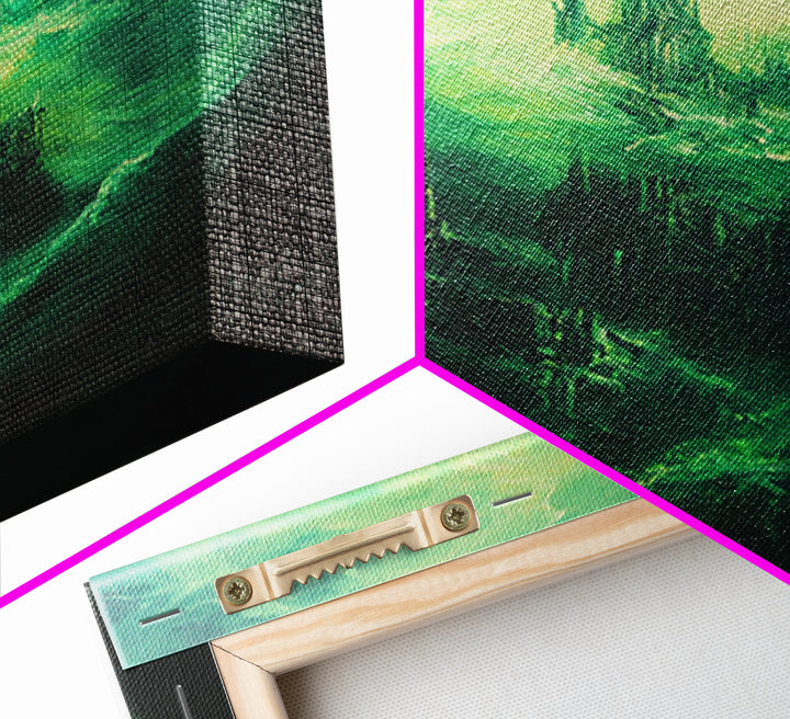 Emerald Gothic Floating Castle Large Canvas Print, Dark Fantasy Wall Art, Surreal Green Cityscape, Moody Home Decor Gift