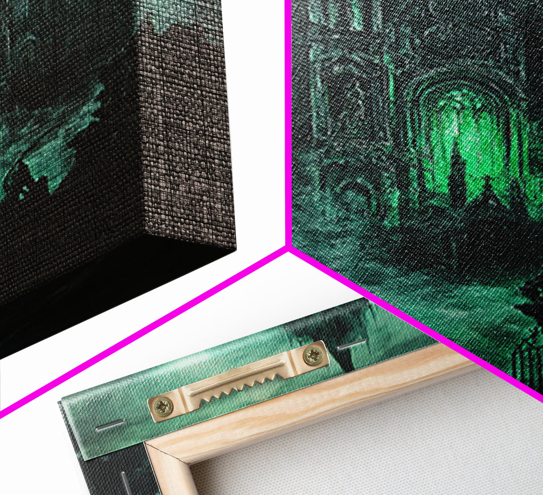 Haunted Gothic Cathedral In Emerald Mist Wall Art, Dark Academia Decor, Fantasy Architecture, Moody Framed Canvas Print, Gift