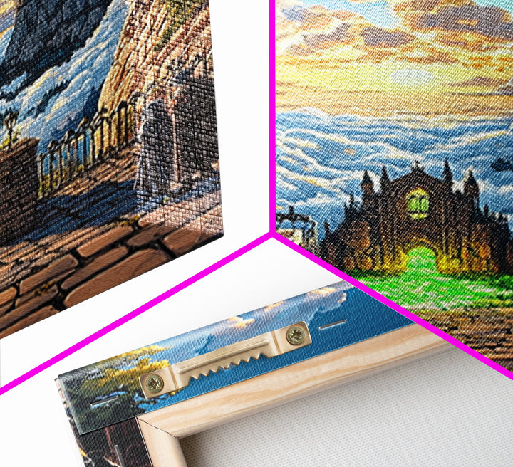 Glowing Cathedral Gate Above Cloud Sea Wall Art, Fantasy Landscape Print, Celestial Castle Decor, Large Framed Canvas Print