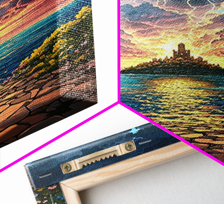Lightning Over Island Tower At Sunset Wall Art, Dramatic Ocean Seascape Print, Fantasy Coastal Decor, Framed Canvas Print
