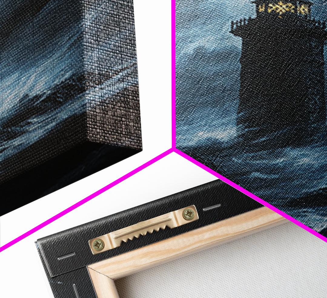 Stormy Lighthouse In Moonlit Waves Wall Art, Dark Coastal Seascape Print, Nautical Ocean Decor, Large Framed Canvas Print