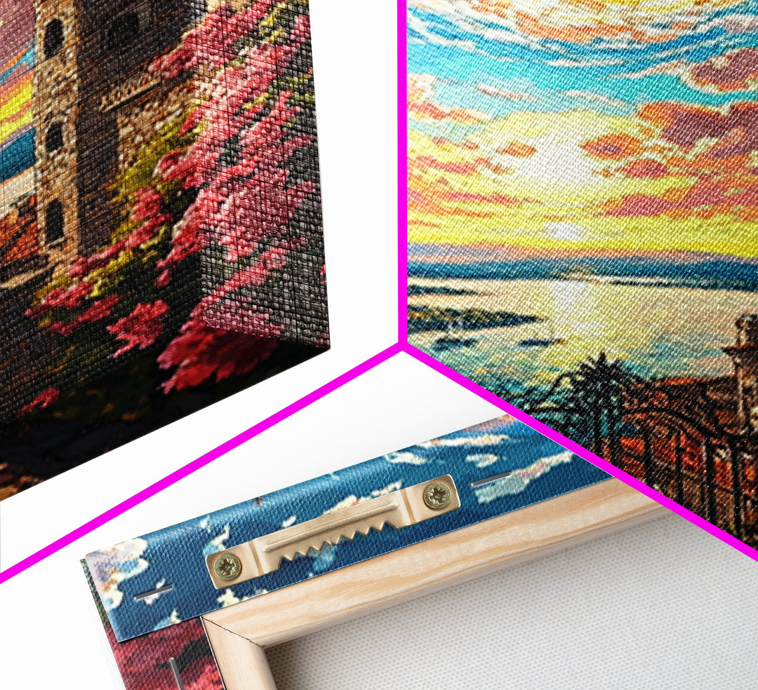 Lake Como Sunset Tower Canvas Print, Italian Coastal Wall Art, Mediterranean Decor, Travel Poster, Elegant Living Room Decor