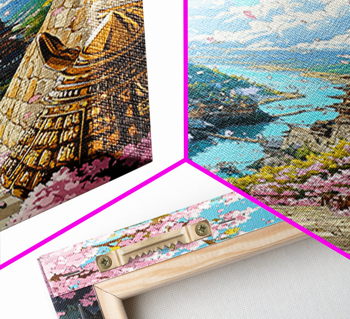 Cherry Blossom Pagoda Stairway Canvas Print, Japanese Wall Art, Samurai Decor, Spring Landscape, Zen Home Decor, Living Room Decor