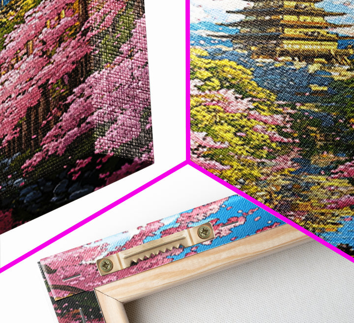 Cherry Blossom Temple Canal Canvas Print, Japanese Wall Art, Spring Landscape, Zen Garden Decor, Colorful Living Room Art