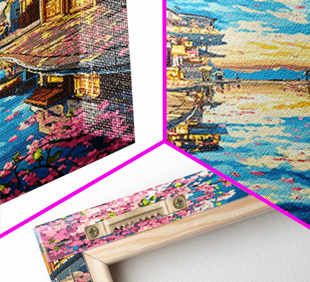 Cherry Blossom Canal Street Canvas Print, Japanese Wall Art, Kyoto Travel Poster, Reflective Water, Cozy Shop Decor, Home Decor