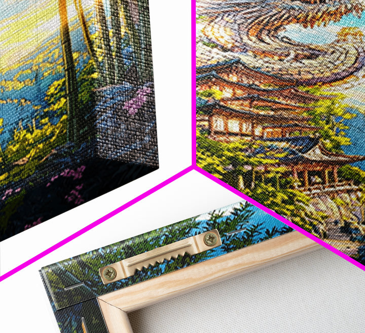 Sunlit Dragon Temple Bamboo Forest Wall Art, Japanese Fantasy Decor, Pagoda Landscape Print, Mystical Asian Home Decor Gift