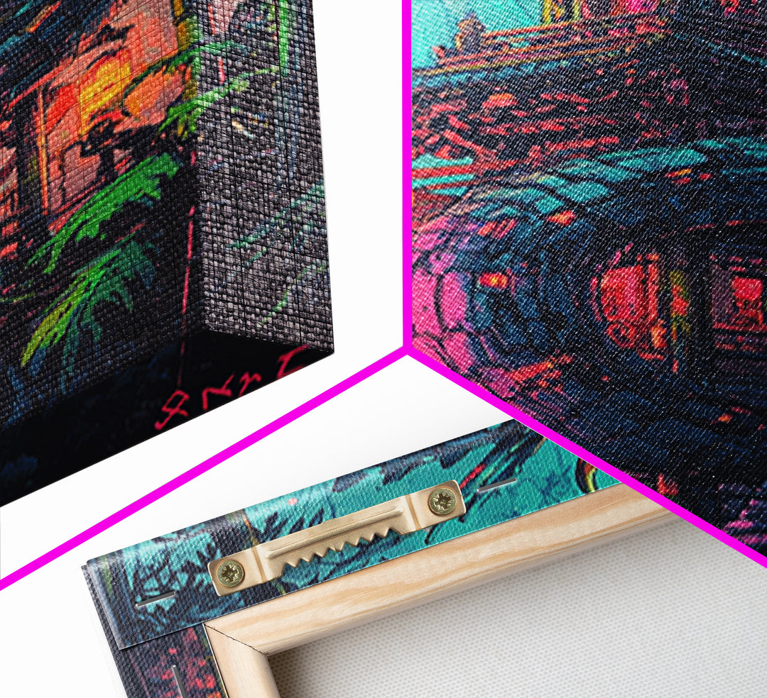 Neon Dragon Pagoda In Moonlit Bamboo Wall Art, Cyberpunk Japanese Fantasy Print, Dark Asian Decor, Gaming Room Poster Gift
