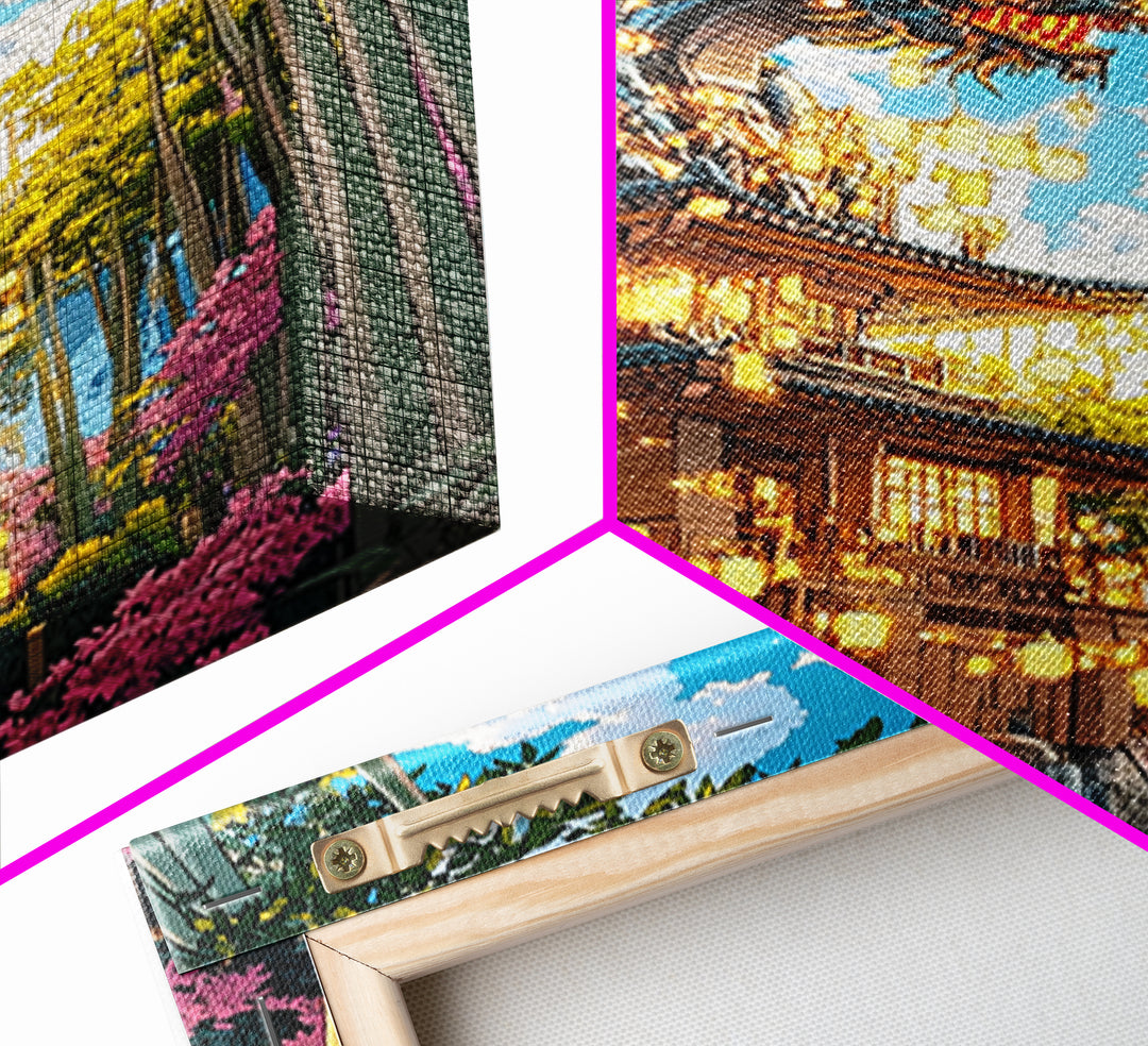 Golden Dragon Pagoda With Cherry Blossoms Canvas Print, Japanese Wall Art, Fantasy Landscape, Asian Home Decor Gift For Her