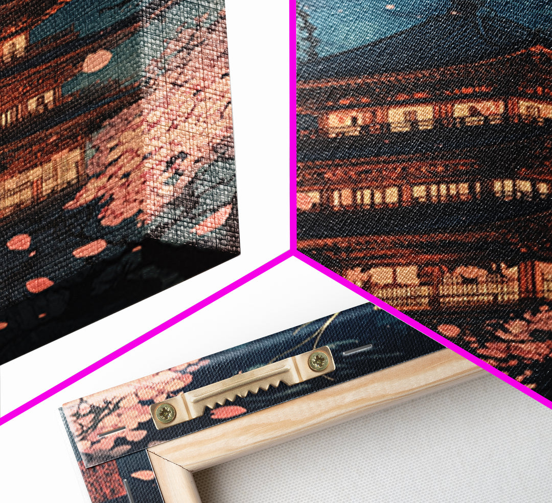 Moonlit Dragon Pagoda With Sakura Petals Framed Canvas Print, Japanese Wall Art, Dark Fantasy Decor, Cherry Blossom Poster
