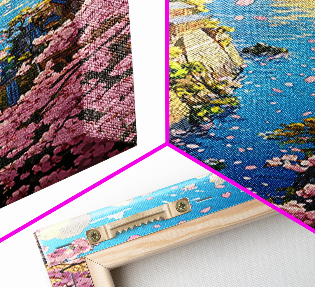 Golden Dragon Over Cherry Blossom Coastal Village Wall Art, Japanese Fantasy Seascape, Ocean Wall Decor Gift, Travel Poster