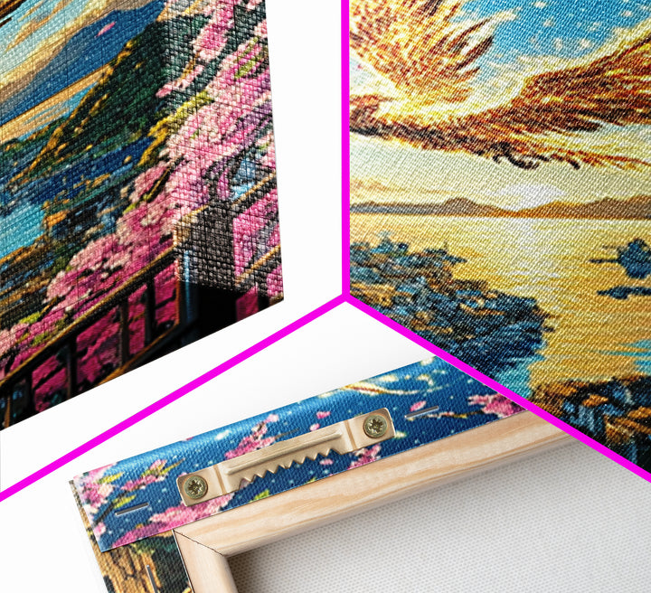 Golden Phoenix Over Harbor At Sunset Wall Art, Cherry Blossom Fantasy Print, Japanese Coastal Decor, Mythical Bird Poster