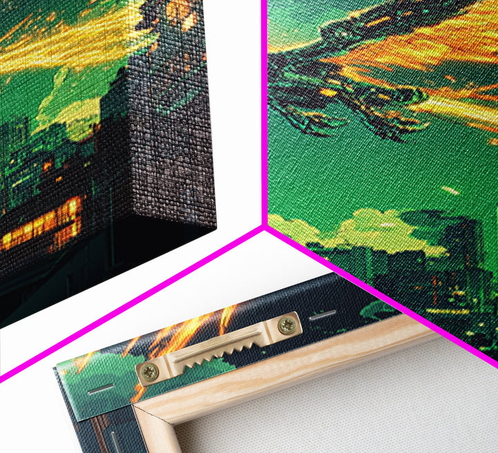 Glowing Phoenix Over Neon City Skyline Wall Art, Cyberpunk Fantasy Print, Sci Fi Decor, Futuristic Gaming Room Poster Gift