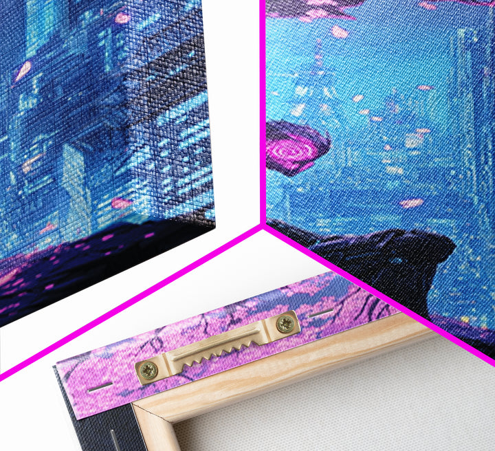 Cyberpunk Samurai Under Sakura Framed Canvas Print, Futuristic City Wall Art, Neon Sci Fi Decor, Gaming Room Wall Decor, Gift For Him