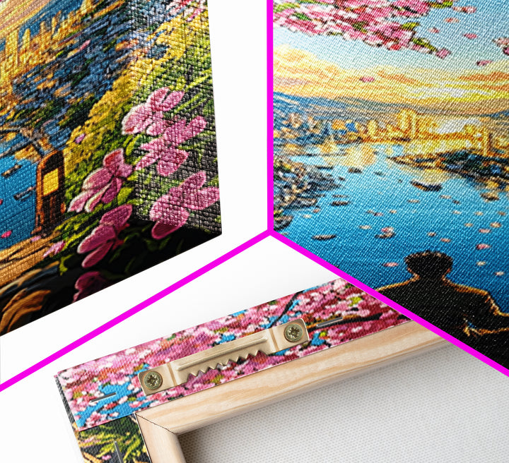 Golden Harbor Sakura Meditation Framed Canvas Print, Japanese Landscape Wall Art, Zen City Decor, Large Living Room Art Print