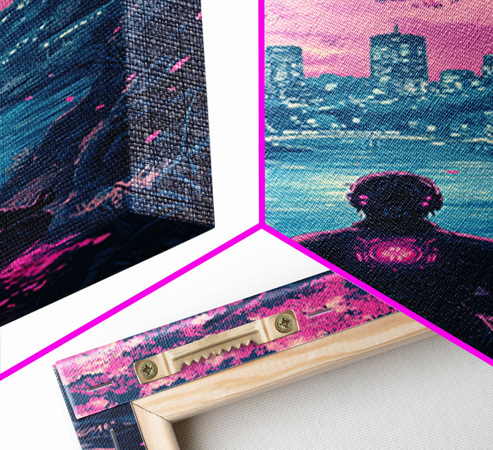 Neon Android Sakura Lake Meditation Wall Art, Cyberpunk Cityscape Print, Pink Cherry Blossom Decor, Sci Fi Bedroom Art, Gaming Room Decor