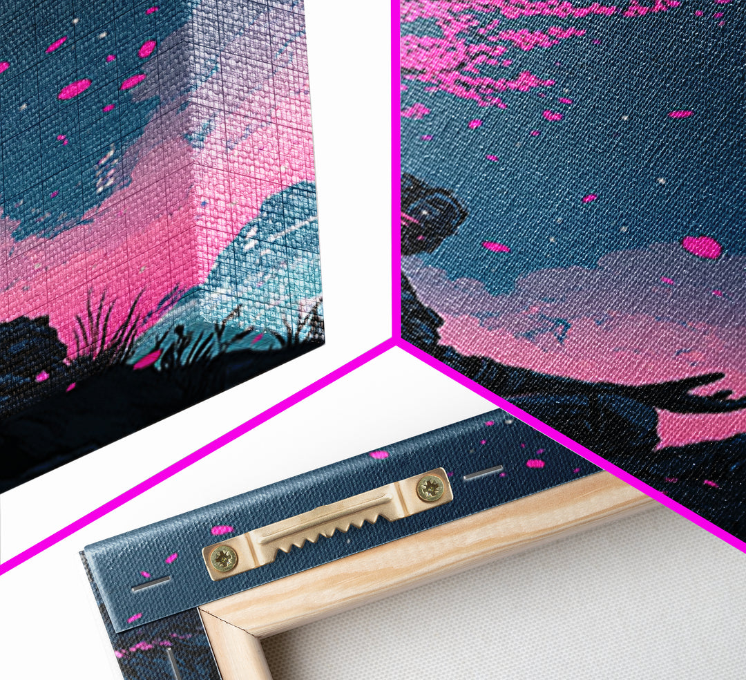 Cyberpunk Warrior Sakura Night Framed Canvas Print, Neon Sci Fi Wall Art, Pink Cherry Blossom Decor, Futuristic Poster, Gift For Him