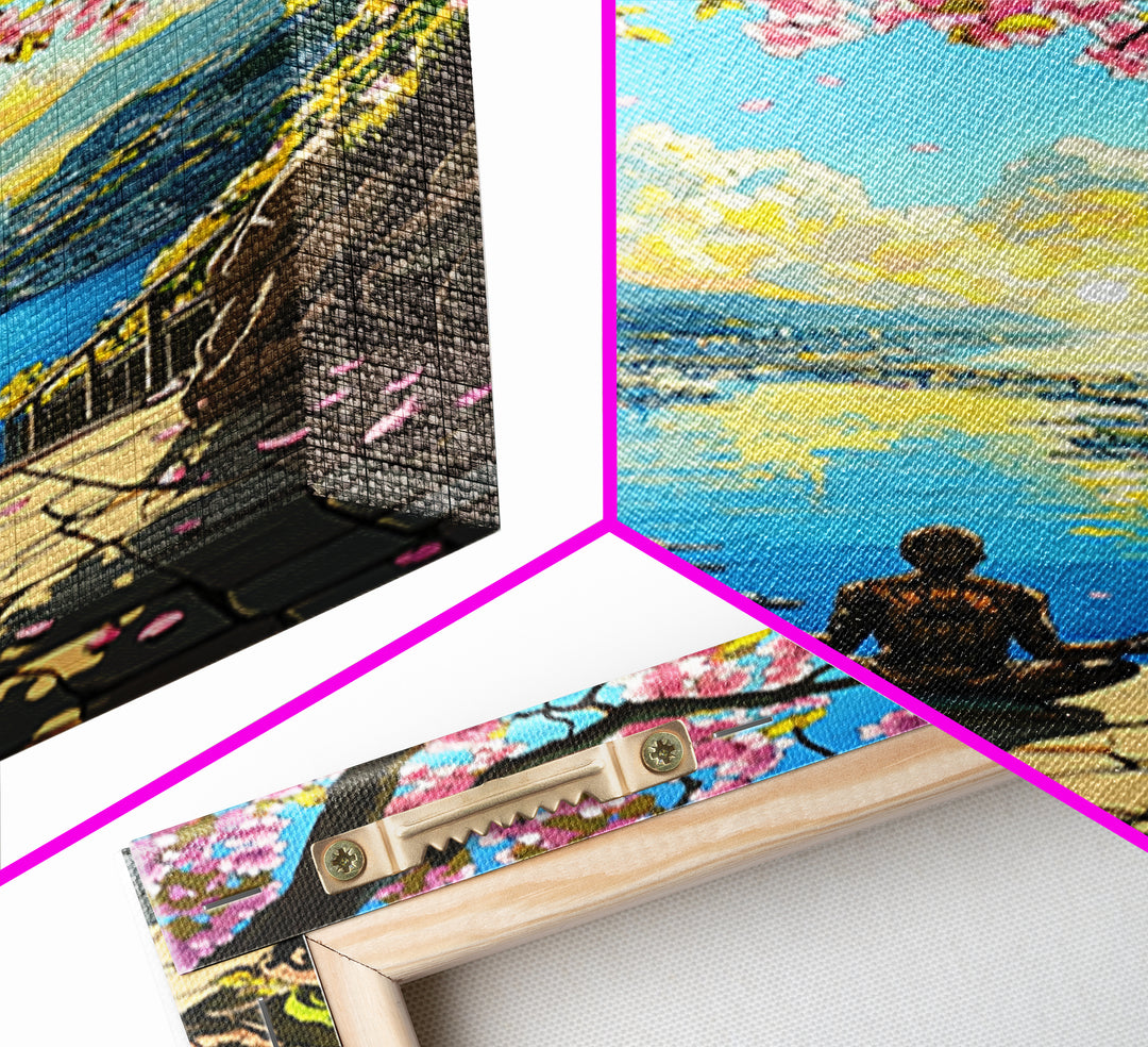 Cherry Blossom Ocean City Meditation Canvas Print, Japanese Landscape Wall Art, Sakura Sunrise Decor, Zen Home Decor Gift