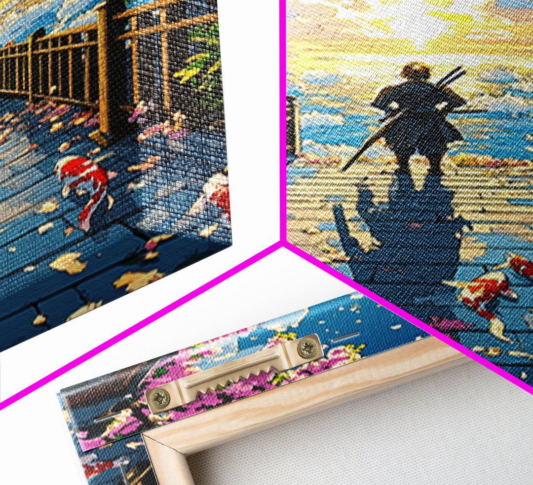 Samurai On Lantern Bridge At Ocean Sunset Wall Art, Japanese Cherry Blossom Koi Print, Anime Landscape Living Room Decor