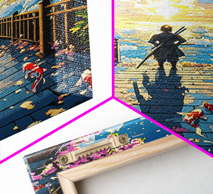 Samurai On Lantern Bridge At Ocean Sunset Wall Art, Japanese Cherry Blossom Koi Print, Anime Landscape Living Room Decor