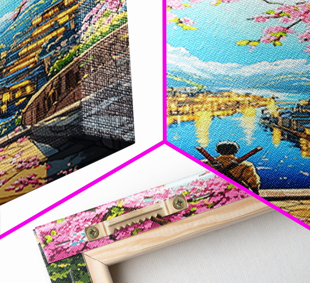 Samurai Over Lake Village With Cherry Blossoms Canvas Print, Japanese Wall Art, Anime Landscape, Travel Inspired Home Decor