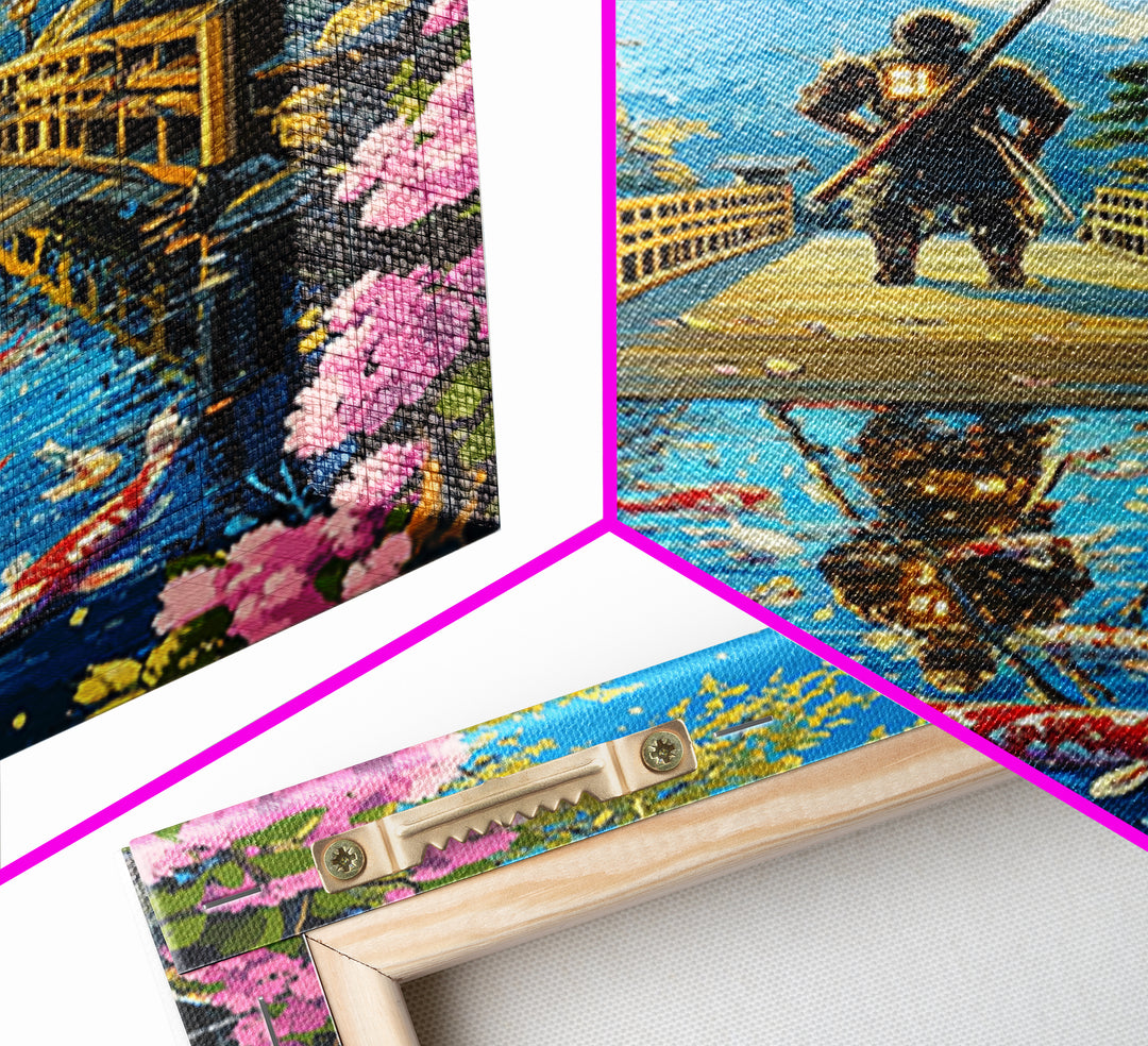 Samurai On Wooden Bridge Above Koi Pond Framed Canvas Print, Japanese Wall Art, Cherry Blossom Mountain Landscape Decor Print