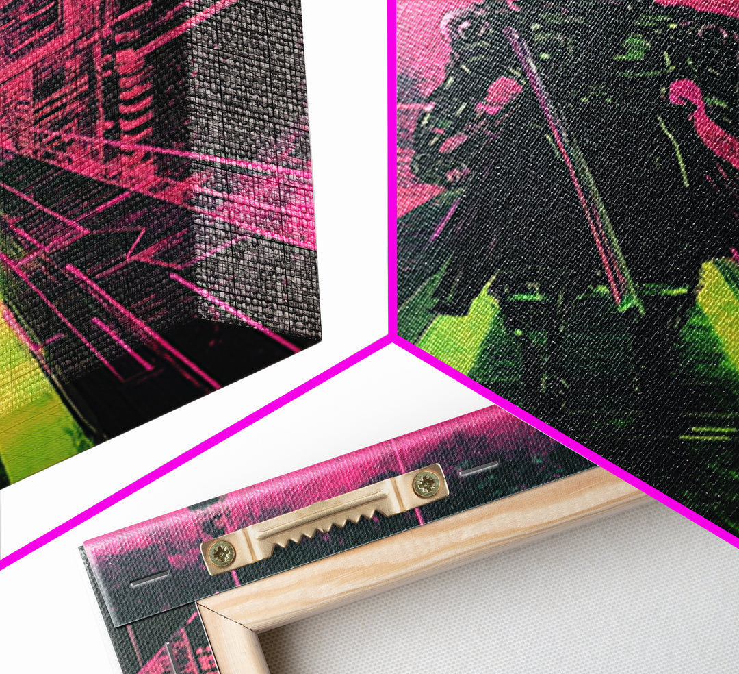 Cyberpunk Samurai On Neon Rooftop Wall Art, Futuristic Cityscape Poster, Pink Green Sci Fi Gaming Room Decor For Him Gift