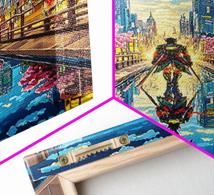 Samurai In Modern City Canal Reflection Canvas Print, Japanese Cherry Blossom Wall Art, Cyberpunk Anime Living Room Decor