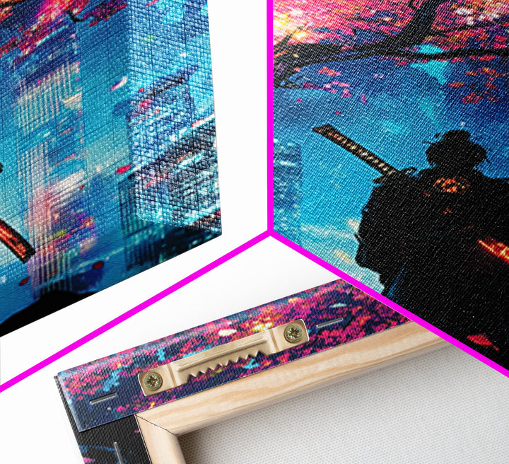 Cyberpunk Samurai Under Glowing Sakura Tree Wall Art, Neon Japanese Cityscape, Moody Anime Poster, Gaming Room Decor Gift For Him