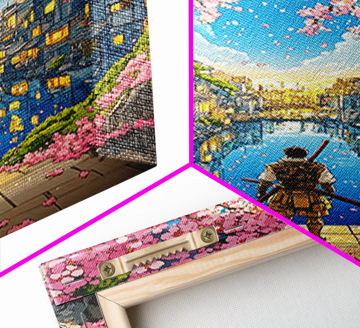 Samurai By Cherry Blossom Canal In Japanese Town Framed Canvas Print, Anime Landscape Wall Art, Cozy Living Room Decor Print