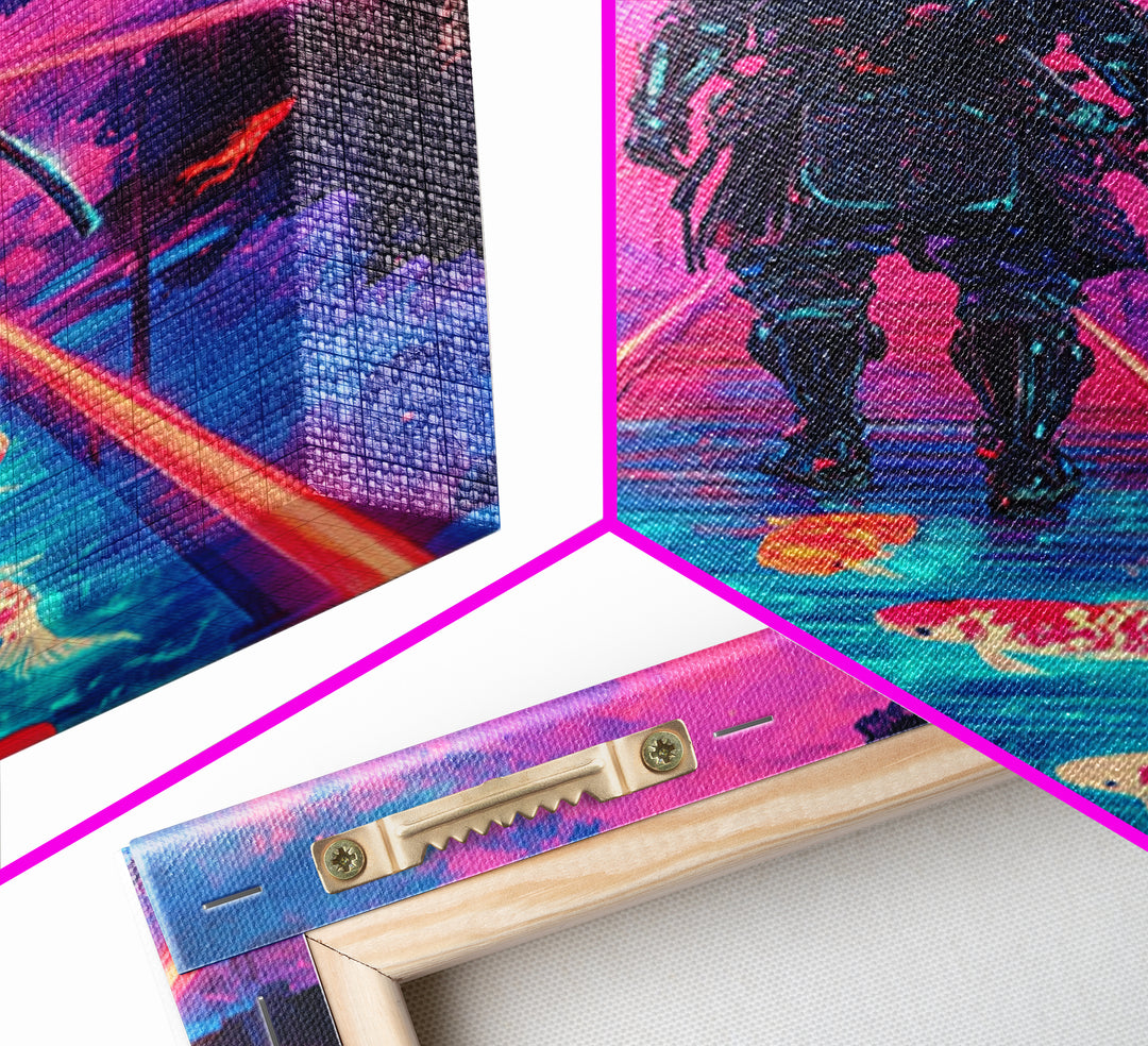 Neon Samurai On Glowing Koi Bridge Framed Canvas Print, Cyberpunk Wall Art, Surreal Japanese Anime Gaming Room Decor Gift