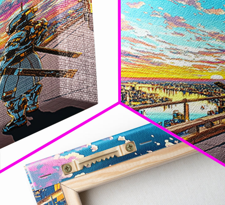 Samurai On Skyline Balcony At Pink Sunset Canvas Print, Japanese Cyberpunk Wall Art, Anime Cityscape Home Office Decor Print
