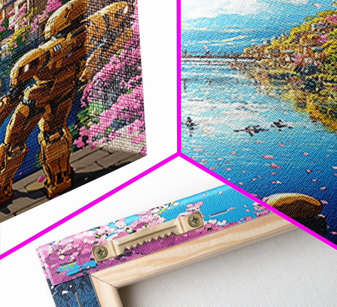 Golden Robot By Sakura Canal Wall Art, Japanese Cityscape Canvas, Futuristic Kyoto Decor, Anime Landscape Print For Living Room Decor