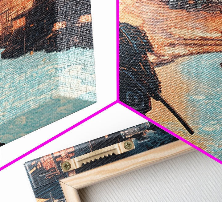 Cyberpunk Samurai Over Neon Canal Framed Canvas Print, Futuristic Japanese City Wall Decor, Sci Fi Warrior Office Art Print